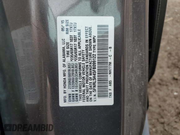 2015 Honda Odyssey EX z VIN 5FNRL5H45FB099122, wystawiony jako Copart lot #54115405 z przebiegiem 149 232 mil mil oraz Szkoda całkowita • Salvage title. Historia ofert i sprzedaży dostępna na DreamBid. Obrazek 14.
