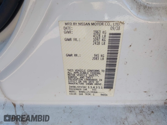 2019 Nissan Altima 2.5 Platinum with VIN 1N4BL4FV3KC114351, listed as a IAAI auction lot 41414004 with 93,291 mi miles. Bid and sale history available at carsss.com. Image 9.
