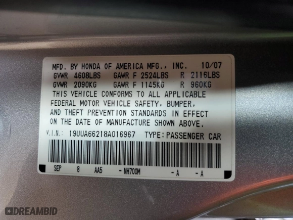 2008 Acura TL with VIN 19UUA66218A016967, listed as a Copart auction lot 48301955 with 0 mi miles and Salvage Title. Bid and sale history available at carsss.com. Image 14.