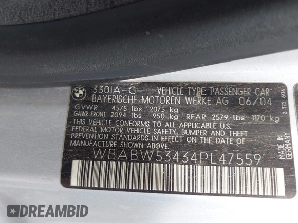 2004 BMW 3 Series 330Ci with VIN WBABW53434PL47559, listed as a IAAI auction lot 42088985 with 139,646 mi miles. Bid and sale history available at carsss.com. Image 9.