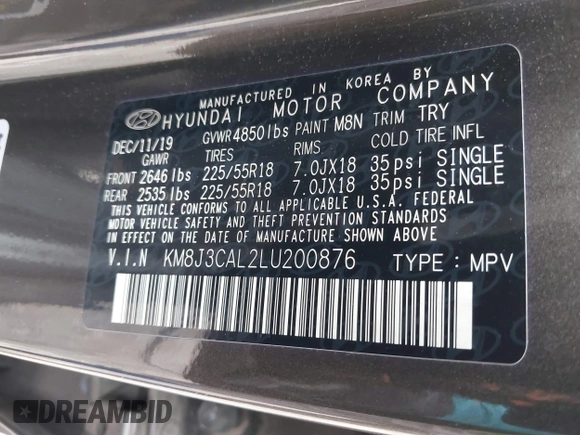 2020 Hyundai Tucson Sport with VIN KM8J3CAL2LU200876, listed as a IAAI auction lot 42528747 with 115,737 mi miles and . Bid and sale history available at DreamBid. Image 9.