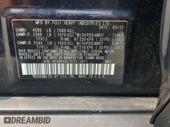 2012 Subaru Outback Limited z VIN 4S4BRCKC1C3272871, wystawiony jako Copart lot #58151585 z przebiegiem 97 662 mil mil oraz Szkoda całkowita • Salvage title. Historia ofert i sprzedaży dostępna na DreamBid. Obrazek 14.