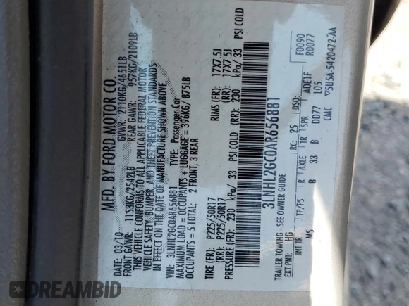 2010 Lincoln MKZ z VIN 3LNHL2GC0AR656881, wystawiony jako Copart lot #57591735 z przebiegiem 76 596 mil mil oraz Szkoda całkowita • Salvage title. Historia ofert i sprzedaży dostępna na DreamBid. Obrazek 13.
