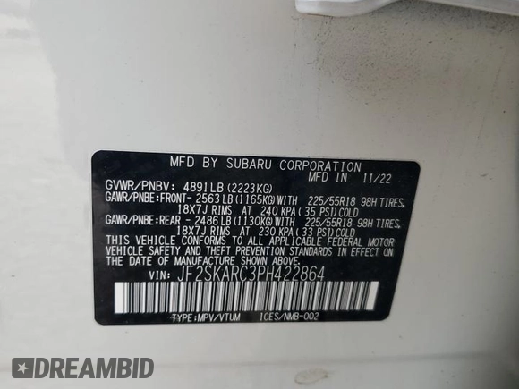 2023 Subaru Forester Touring с VIN JF2SKARC3PH422864, выставлен на аукционе Copart как лот 57598765 с пробегом 21 806 миль миль и Списание • Salvage title. История ставок и продаж доступна на DreamBid. Изображение 12.