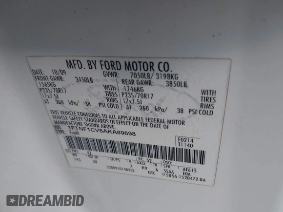 2010 Ford F-150 with VIN 1FTNF1CV5AKA89698, listed as a IAAI auction lot 41686970 with 290,555 mi miles and . Bid and sale history available at DreamBid. Image 9.