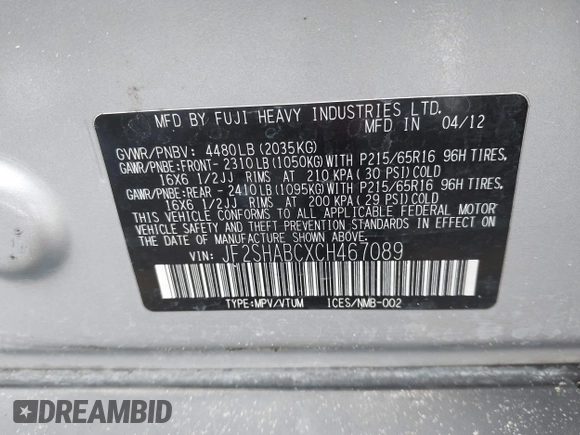 2012 Subaru Forester 2.5X with VIN JF2SHABCXCH467089, listed as a IAAI auction lot 41912795 with 1 mi miles. Bid and sale history available at carsss.com. Image 9.
