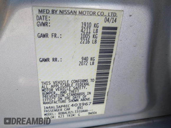 2014 Nissan Altima SV with VIN 1N4AL3AP4EC403967, listed as a IAAI auction lot 41557234 with 243,410 mi miles and . Bid and sale history available at DreamBid. Image 9.