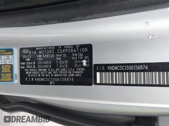 2016 Kia Sedona EX with VIN KNDMC5C13G6156874, listed as a IAAI auction lot 41458155 with 108,241 mi miles. Bid and sale history available at carsss.com. Image 9.