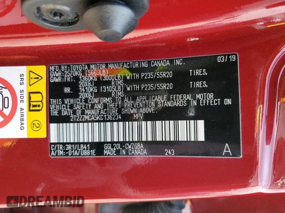 2019 Lexus RX 350 z VIN 2T2ZZMCA5KC136234, wystawiony jako Copart lot #55791455 z przebiegiem 58 001 mil mil oraz Szkoda całkowita • Salvage title. Historia ofert i sprzedaży dostępna na DreamBid. Obrazek 14.