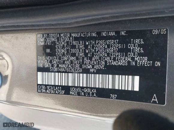2006 Toyota Sequoia Limited with VIN 5TDBT48A76S261359, listed as a IAAI auction lot 41897236 with 263,938 mi miles. Bid and sale history available at carsss.com. Image 9.