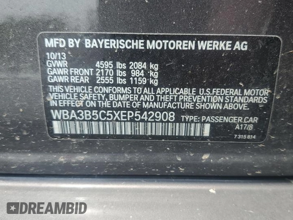 2014 BMW 3 Series 328i xDrive with VIN WBA3B5C5XEP542908, listed as a Copart auction lot 62636965 with 141,520 mi miles and Clean title. Bid and sale history available at DreamBid. Image 12.