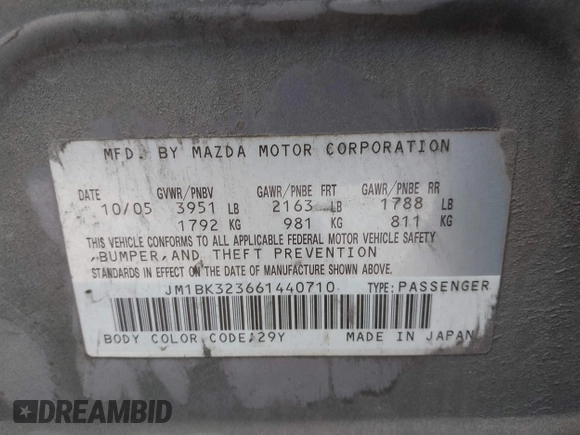 2006 Mazda 3 S Grand Touring with VIN JM1BK323661440710, listed as a IAAI auction lot 41969123 with 246,253 mi miles and . Bid and sale history available at DreamBid. Image 9.