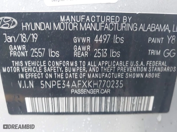 2019 Hyundai Sonata Sport with VIN 5NPE34AFXKH770235, listed as a IAAI auction lot 40941753 with 111,169 mi miles. Bid and sale history available at carsss.com. Image 9.