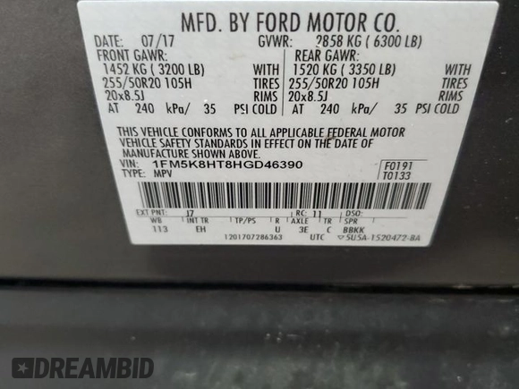 2017 Ford Explorer Platinum с VIN 1FM5K8HT8HGD46390, выставлен на аукционе Copart как лот 63304525 с пробегом 62 977 миль миль и Чистый • Clean title. История ставок и продаж доступна на DreamBid. Изображение 13.
