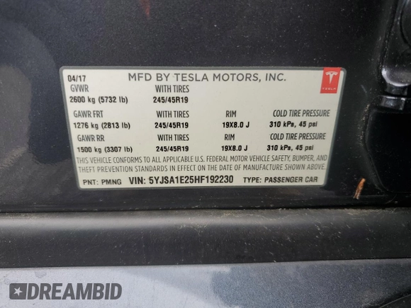 2017 Tesla Model S 100D with VIN 5YJSA1E25HF192230, listed as a Copart auction lot 55298065 with 64,536 mi miles and Salvage Title. Bid and sale history available at DreamBid. Image 12.