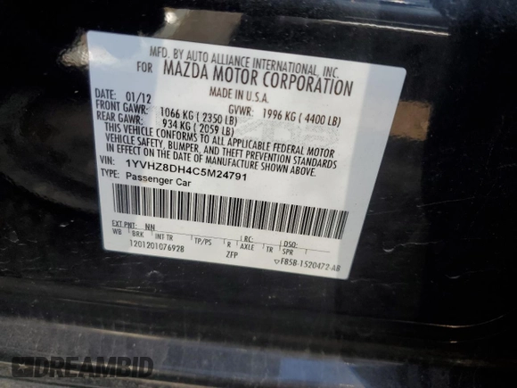 2012 Mazda 6 i Touring с VIN 1YVHZ8DH4C5M24791, выставлен на аукционе Copart как лот 52162515 с пробегом 192 301 миль миль и Чистый • Clean title. История ставок и продаж доступна на DreamBid. Изображение 12.
