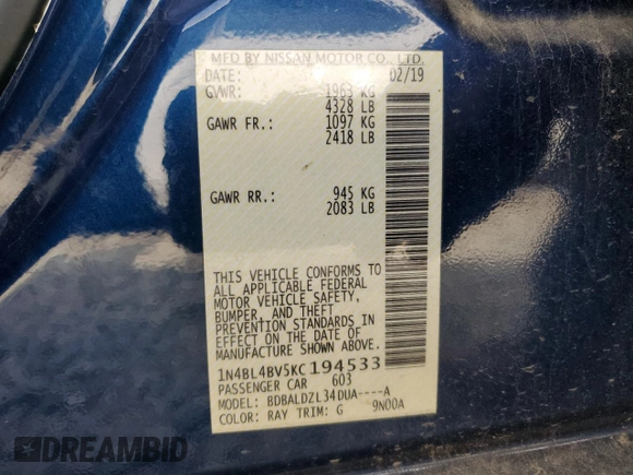 2019 Nissan Altima S with VIN 1N4BL4BV5KC194533, listed as a Copart auction lot 53441825 with 120,764 mi miles and Salvage Title. Bid and sale history available at DreamBid. Image 12.