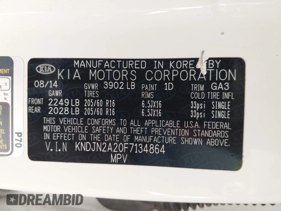 2015 Kia Soul with VIN KNDJN2A20F7134864, listed as a IAAI auction lot 41568503 with 89,627 mi miles and . Bid and sale history available at DreamBid. Image 9.