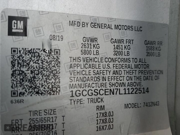 2020 Chevrolet Colorado 2WD LT with VIN 1GCGSCEN7L1122514, listed as a Copart auction lot 50270765 with 171,519 mi miles and Salvage Title. Bid and sale history available at DreamBid. Image 12.
