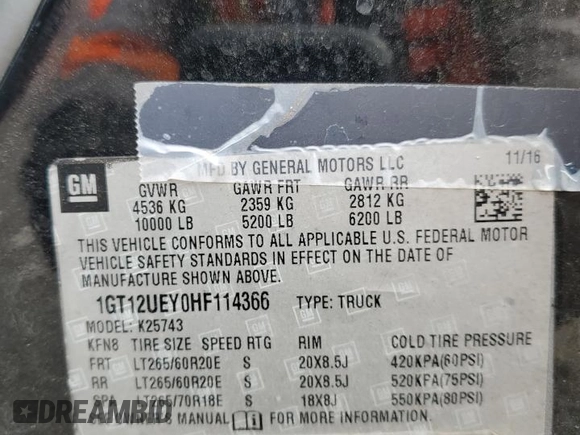 2017 GMC Sierra 2500HD Denali z VIN 1GT12UEY0HF114366, wystawiony jako Copart lot #54540275 z przebiegiem 78 066 mil mil oraz Szkoda całkowita • Salvage title. Historia ofert i sprzedaży dostępna na DreamBid. Obrazek 12.