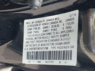 2015 Honda Civic LX with VIN 2HGFB2F5XFH515788, listed as a IAAI auction lot 42443619 with 175,450 mi miles and . Bid and sale history available at DreamBid. Image 9.