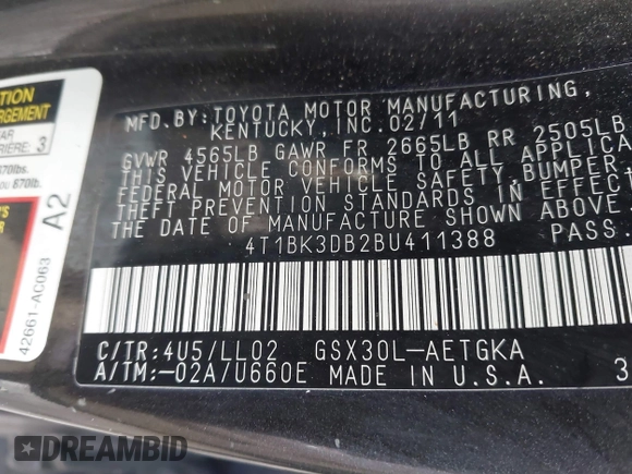 2011 Toyota Avalon with VIN 4T1BK3DB2BU411388, listed as a IAAI auction lot 41677104 with 266,080 mi miles and . Bid and sale history available at DreamBid. Image 9.