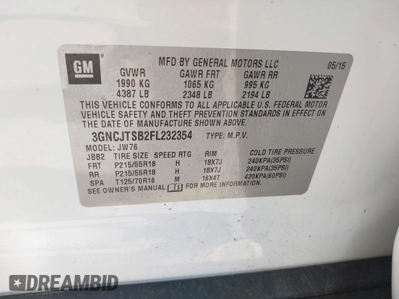 2015 Chevrolet Trax LTZ with VIN 3GNCJTSB2FL232354, listed as a IAAI auction lot 41701356 with 126,947 mi miles. Bid and sale history available at carsss.com. Image 9.