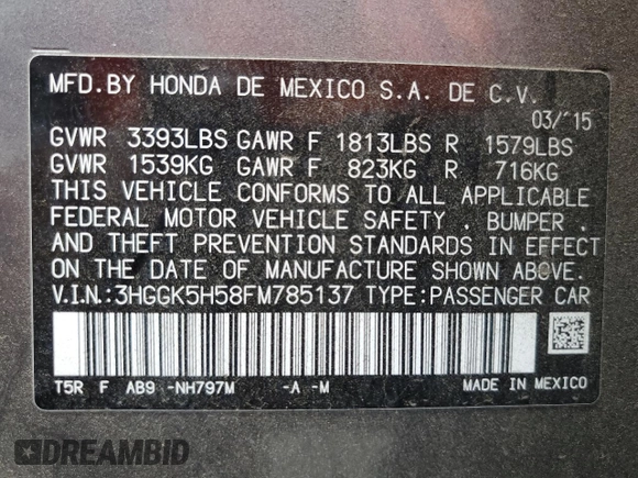2015 Honda Fit LX z VIN 3HGGK5H58FM785137, wystawiony jako Copart lot #59013315 z przebiegiem 84 592 mil mil oraz Szkoda całkowita • Salvage title. Historia ofert i sprzedaży dostępna na DreamBid. Obrazek 12.
