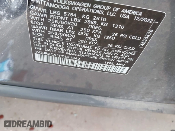 2023 Volkswagen Atlas SE with VIN 1V2JR2CA1PC521942, listed as a IAAI auction lot 41521156 with 72,216 mi miles and . Bid and sale history available at DreamBid. Image 9.