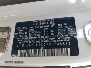 2023 Kia Sorento S with VIN 5XYRL4LC7PG238881, listed as a IAAI auction lot 41742716 with 7,094 mi miles and . Bid and sale history available at DreamBid. Image 9.