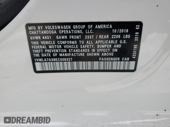2019 Volkswagen Passat 2.0T Wolfsburg Edition with VIN 1VWLA7A38KC005327, listed as a Copart auction lot 42009325 with 141,280 mi miles and Salvage Title. Bid and sale history available at carsss.com. Image 14.