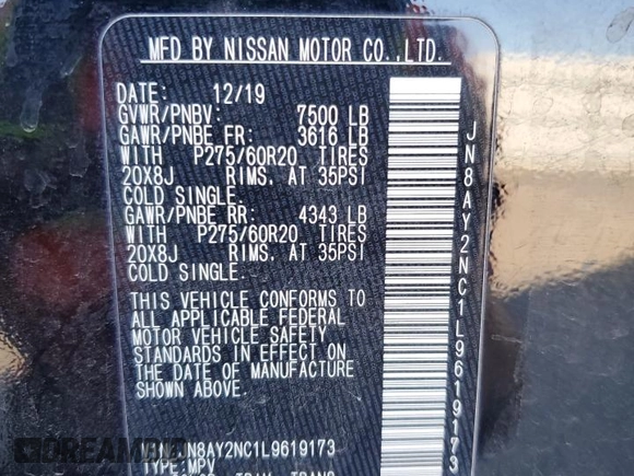 2020 Nissan Armada SL with VIN JN8AY2NC1L9619173, listed as a Copart auction lot 58111894 with 89,269 mi miles and Salvage Title. Bid and sale history available at carsss.com. Image 15.