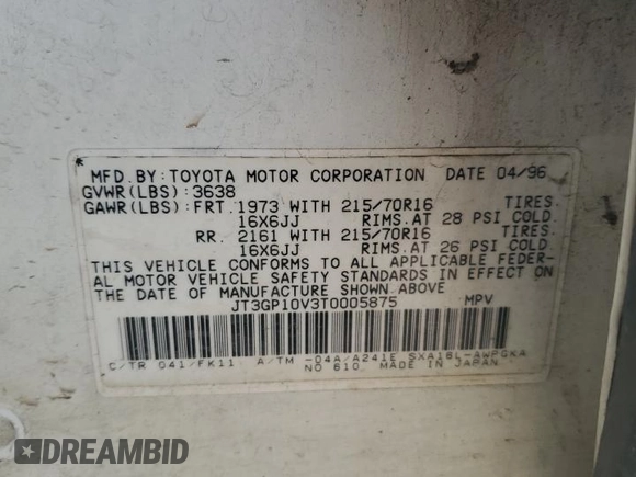 1996 Toyota RAV4 with VIN JT3GP10V3T0005875, listed as a Copart auction lot 57359135 with 240,763 mi miles and Salvage Title. Bid and sale history available at DreamBid. Image 13.