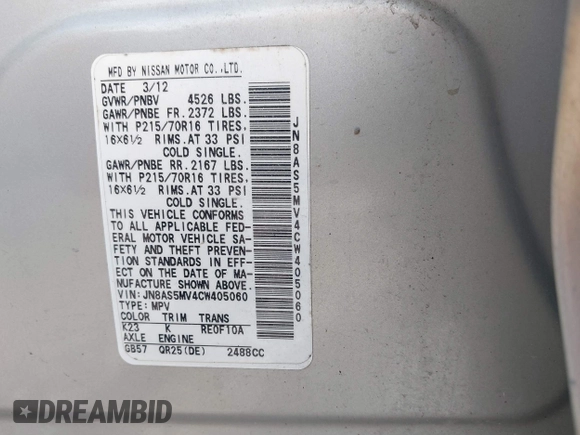 2012 Nissan Rogue S with VIN JN8AS5MV4CW405060, listed as a IAAI auction lot 42174122 with 98,782 mi miles and . Bid and sale history available at DreamBid. Image 9.