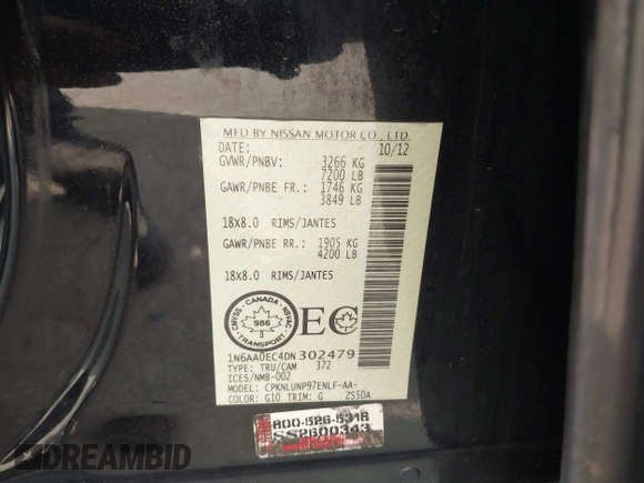 2013 Nissan Titan SV with VIN 1N6AA0EC4DN302479, listed as a IAAI auction lot 42383255 with 112,991 mi miles and . Bid and sale history available at DreamBid. Image 9.
