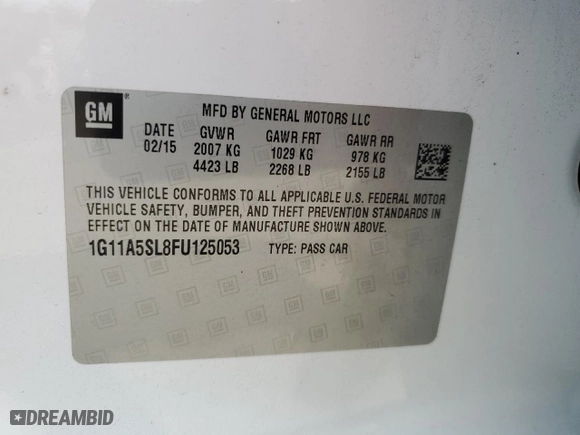 2015 Chevrolet Malibu LS with VIN 1G11A5SL8FU125053, listed as a Copart auction lot 52952765 with 93,455 mi miles and Clean Title. Bid and sale history available at carsss.com. Image 12.