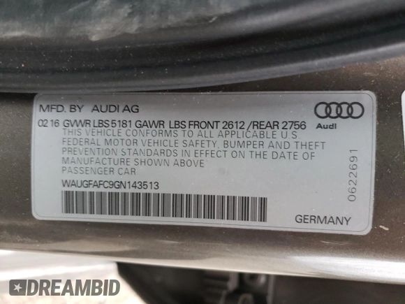 2016 Audi A6 2.0T Premium Plus with VIN WAUGFAFC9GN143513, listed as a Copart auction lot 68747952 with 72,860 mi miles. Bid and sale history available at carsss.com. Image 14.