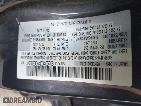 2013 Mazda CX-9 Touring with VIN JM3TB3CA4D0405708, listed as a IAAI auction lot 42796644 with 201,258 mi miles and . Bid and sale history available at DreamBid. Image 9.