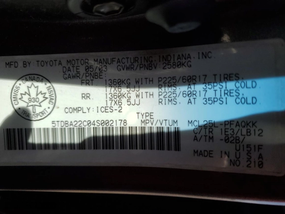 2004 Toyota Sienna XLE with VIN 5TDBA22C04S002178, listed as a Copart auction lot 49716665 with 351,252 mi miles and Salvage Title. Bid and sale history available at carsss.com. Image 13.
