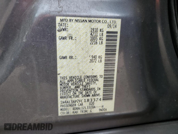 2015 Nissan Altima S with VIN 1N4AL3AP2FC183374, listed as a Copart auction lot 55767535 with 310,512 mi miles and Clean Title. Bid and sale history available at DreamBid. Image 12.