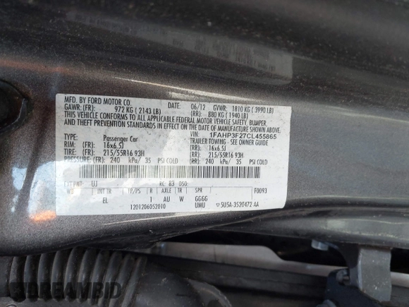 2012 Ford Focus SE with VIN 1FAHP3F27CL455865, listed as a IAAI auction lot 42544294 with 120,089 mi miles and . Bid and sale history available at DreamBid. Image 9.