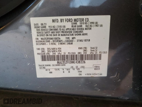 2021 Ford EcoSport S with VIN MAJ3S2FE0MC438226, listed as a Copart auction lot 87629785 with 48,351 mi miles and Non Repairable. Bid and sale history available at DreamBid. Image 13.