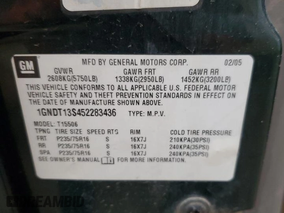 2005 Chevrolet TrailBlazer LS with VIN 1GNDT13S452283436, listed as a Copart auction lot 67575984 with 168,045 mi miles and Clean Title. Bid and sale history available at DreamBid. Image 14.