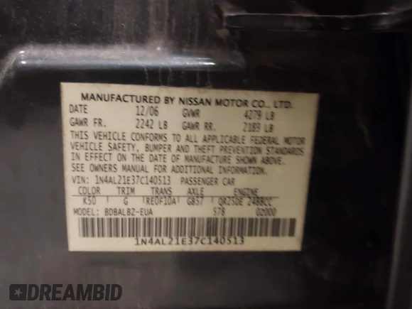 2007 Nissan Altima S with VIN 1N4AL21E37C140513, listed as a IAAI auction lot 41632649 with 159,852 mi miles and . Bid and sale history available at DreamBid. Image 9.