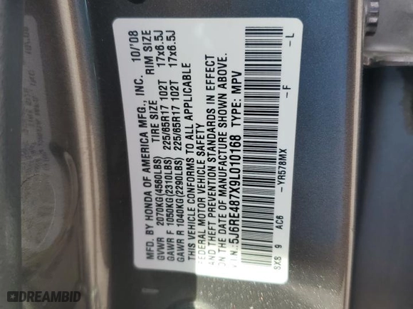 2009 Honda CR-V EX-L with VIN 5J6RE487X9L010168, listed as a Copart auction lot 49341905 with 151,035 mi miles and Salvage Title. Bid and sale history available at carsss.com. Image 13.