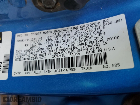2007 Toyota Tacoma z VIN 5TELU42N67Z437674, wystawiony jako Copart lot #64638515 z przebiegiem 286 457 mil mil oraz Szkoda całkowita • Salvage title. Historia ofert i sprzedaży dostępna na DreamBid. Obrazek 12.