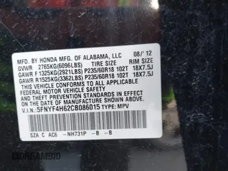 2012 Honda Pilot EX-L с VIN 5FNYF4H62CB086015, выставлен на аукционе IAAI как лот 42649493 с пробегом 347 416 миль миль и . История ставок и продаж доступна на DreamBid. Изображение 9.
