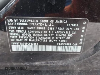 2015 Volkswagen Passat Sport с VIN 1VWBT7A35FC062984, выставлен на аукционе IAAI как лот 42053939 с пробегом 106 095 миль миль и . История ставок и продаж доступна на DreamBid. Изображение 9.