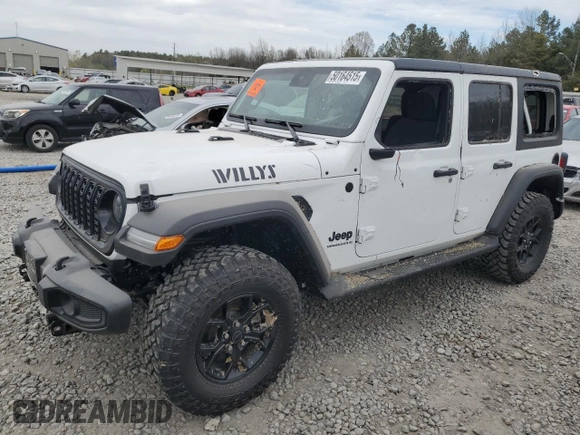 2024 Jeep Wrangler Willys with VIN 1C4PJXDG5RW350147, listed as a Copart auction lot 50164515 with 2,394 mi miles and Salvage title. Bid and sale history available at DreamBid. Image 1.