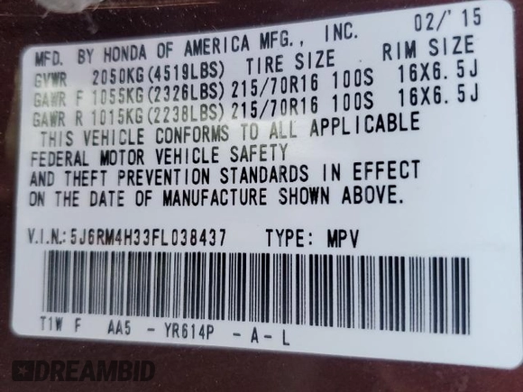 2015 Honda CR-V LX with VIN 5J6RM4H33FL038437, listed as a Copart auction lot 54772675 with 59,130 mi miles and Salvage Title. Bid and sale history available at DreamBid. Image 14.